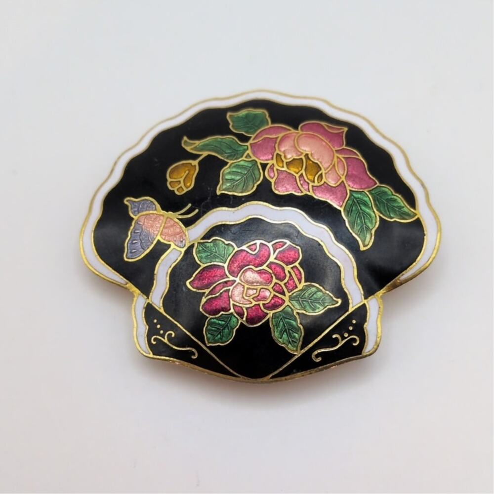 VTG Bolo Tie Clip Belt Buckle Cloisonne Floral Black Seashell Fan Clam Western